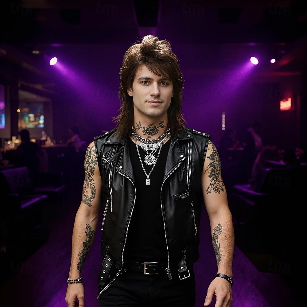 Мужской парик в стиле 80-х, рок-муллет, ретро-прическа коричневого цвета для косплея и вечеринок. &винтажная мода 2026 - $29.99 –P2