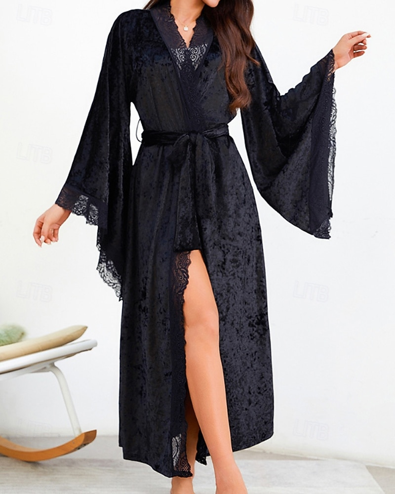 Women's Robe Casual Soft Satin Pure Color Lace Patchwork Daily Home Bed Long Sleeve V Neck Black White Wine Summer Spring Loose Fit 2026 - E£2245.39 –P6