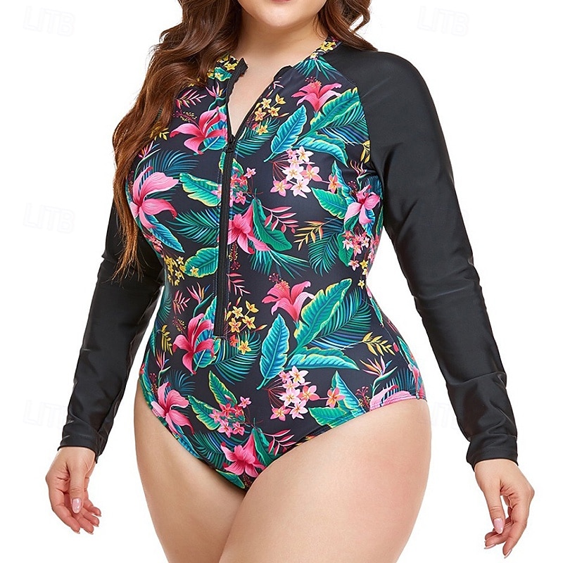 Pentru femei Costum de baie One Pieces Protecție anti-erupții cutanate mărime mare Floral Tropical Inchide fermuarul Protecție UV Elastic Manșon Lung Costume de Baie Surfing Plajă Vacanță Vară 2026 - $27.99 –P5