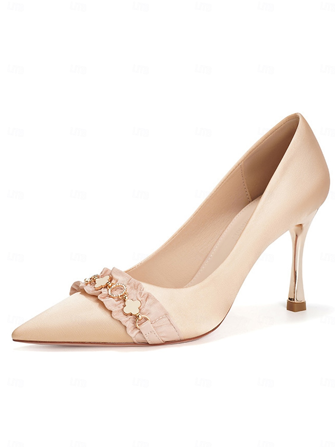 Vita pumps med spetsiga höga klackar i satin för kvinnor, volang och kristallkedjeutsmyckning - eleganta brudskor för bröllop och formella tillfällen 2026 - $46.99 –P1