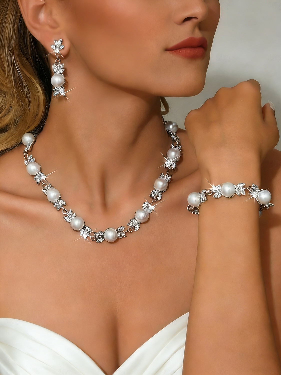 γυναικείο χρυσό &Σετ κοσμημάτων από ελεφαντόδοντο με μαργαριτάρια, κολιέ με στρας, σκουλαρίκια-βραχιόλι, κομψό νυφικό στυλ για γάμο &επίσημες εκδηλώσεις 2026 - $11.99 –P5