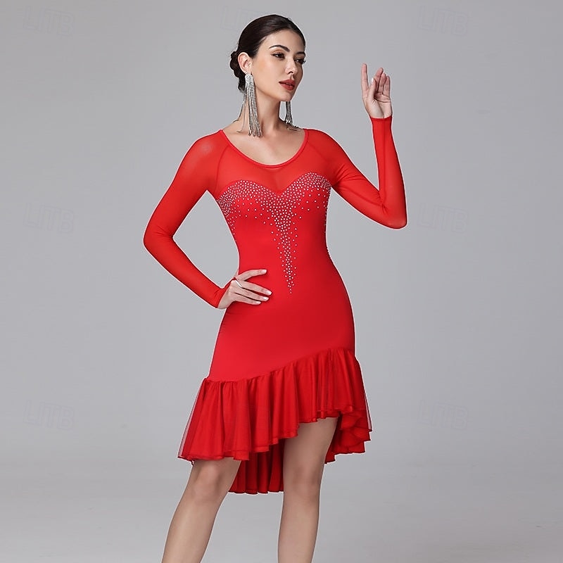 Women's Black Rhinestone Latin Dance Dress - Long Sleeve Mesh Ruffled Asymmetrical Ballroom Performance Dress 2026 - $150.99 –P5