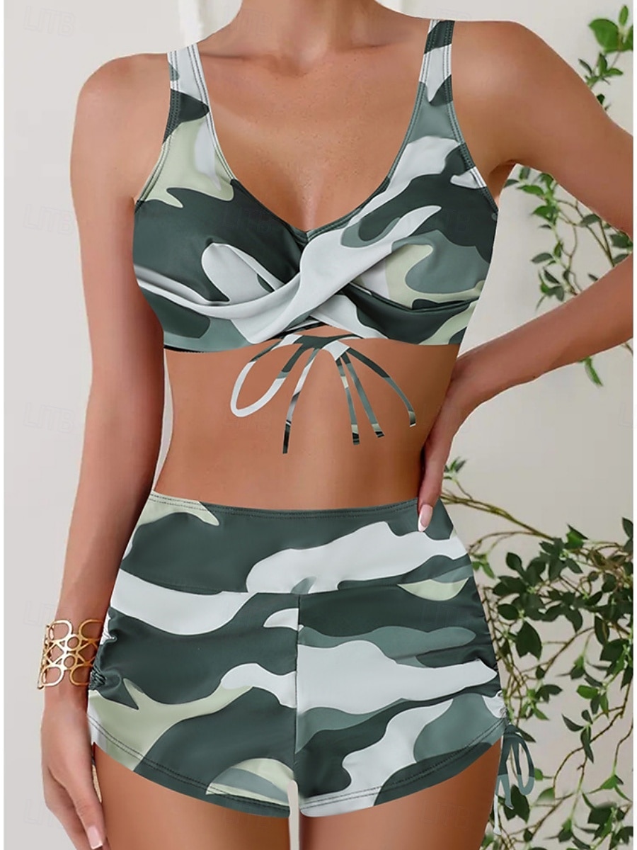 2026年 ウィメンズビキニ 2ピース水着 レオパード ショーツ スリム バックレス バケーション ビーチウェア カモ Vネック ノースリーブ 水着  コレクション – $19.99 –P7