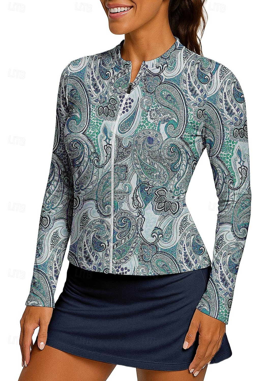 Dámské Kašmírový vzor Sportovní košile Tenisové tričko Tenisový top Dlouhý rukáv Zip Květinový UPF50+ Odolná proti UV záření Vysoká pružnost Odvod vlhkosti Prodyšné Volejbal Tenis Golf Stojáček Límec 2026 - $20.99 –P4