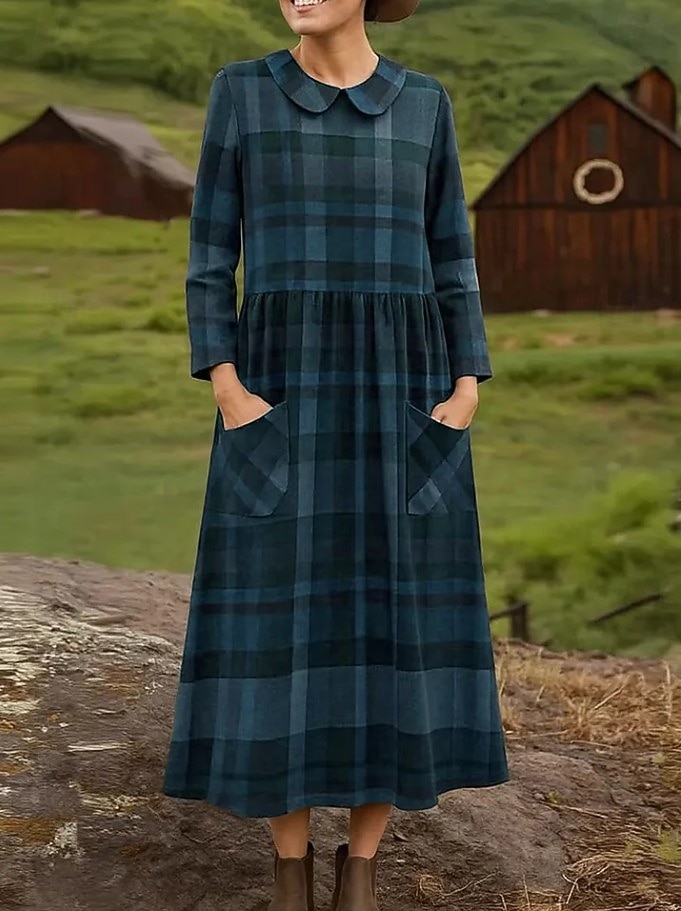 Women's Midi Dress Sheath Dress Pleated Dress Vacation Casual Boho Holiday Spring Dress Regular Fit Plaid Long Sleeve Crew Neck Blue Light Brown Brown Spring Fall 2026 - $43.99 –P2