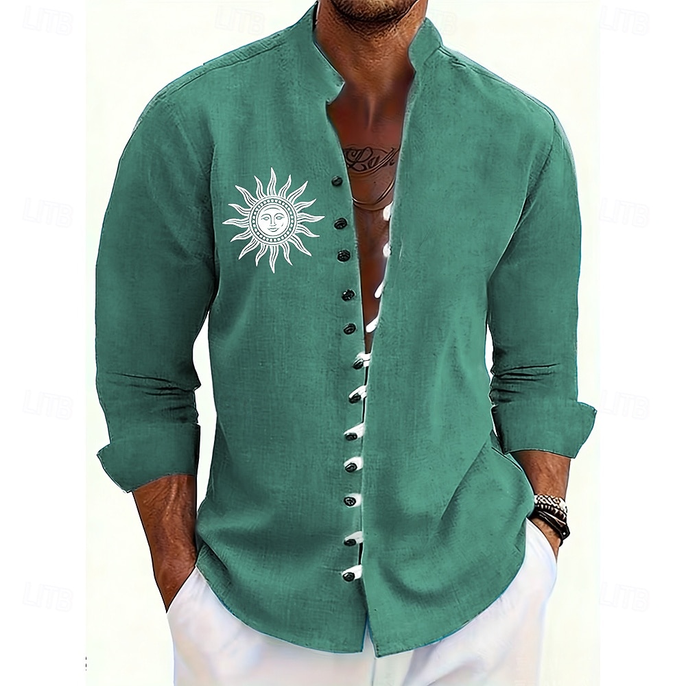 Homme Soleil Ethnique Culture indienne Chemise Chemise à col montant manche longue Vintage Rétro Occasionnel Vacances Printemps Automne Col mandarin Band Collar Boutonné Chemise en lin Bleu Jaune de 2026 ? $11.49 –P3