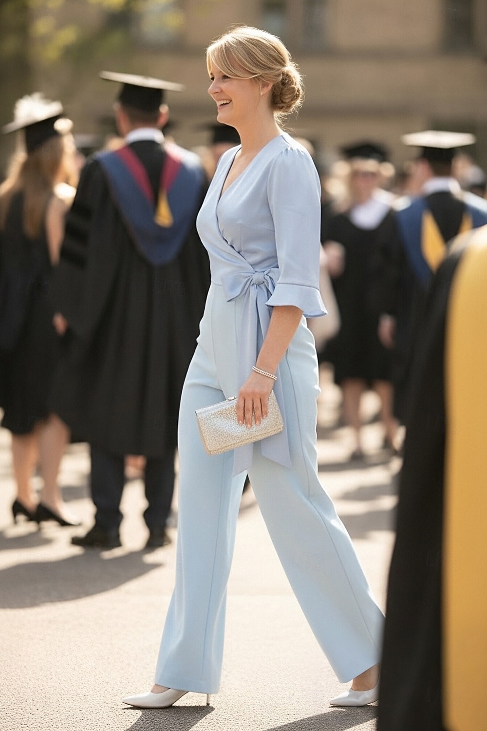 Tute Lunghezza al pavimento Tuta Abito da cerimonia per signora Mezza Manica Scollo a V Elegante Formale Ospite di nozze Laurea Raso Crepe Elasticizzato con Fiocco/Fiocchi del 2026 a $172.99 –P3