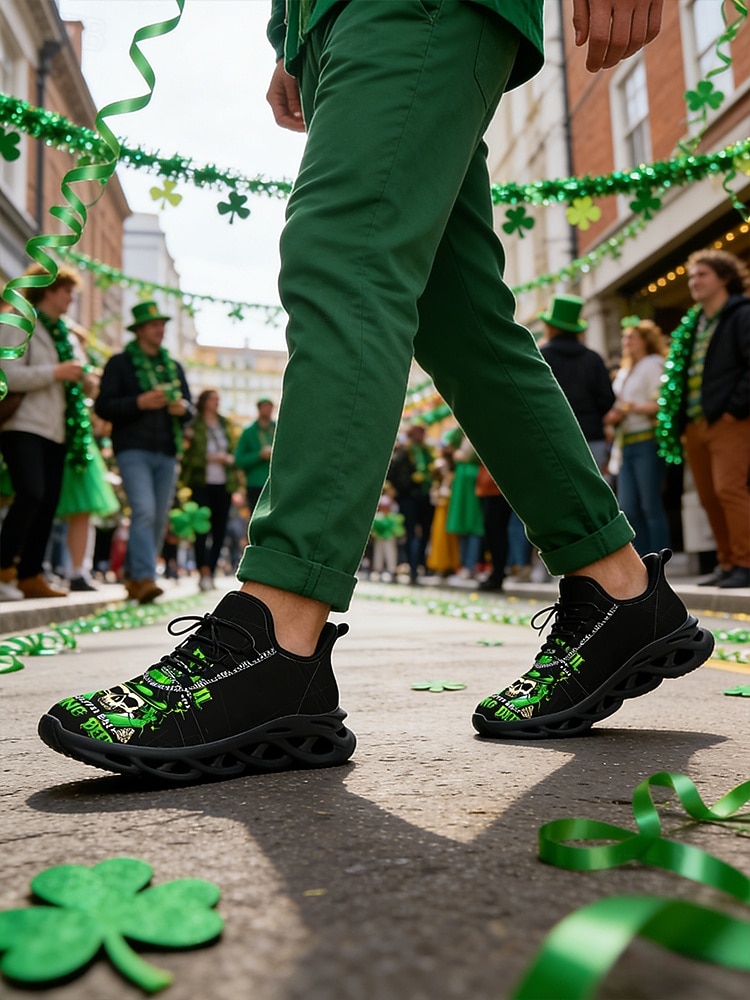 Sneakers da uomo con stampa teschio: design unico verde e nero con struttura resistente, perfette per il giorno di San Patrizio e per l'abbigliamento casual del 2026 a $46.99 –P2