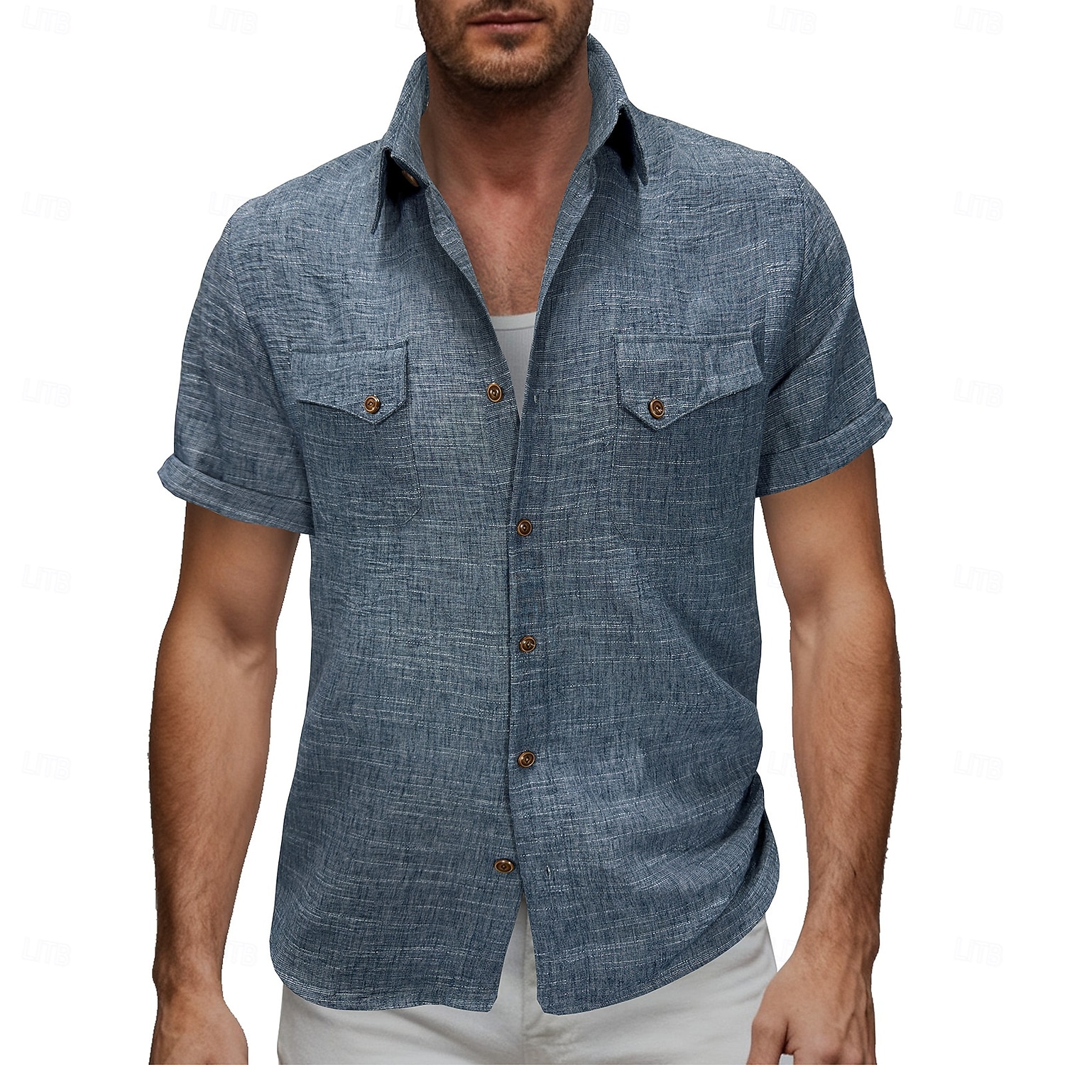 Voor heren Overhemd Linnen overhemd Zomer overhemd Strand Kleding Effen Kleur Casual Vakantie blauw Marineblauw Hemelsblauw Abrikoos Korte mouw Overhemdkraag Zomer Lente Kleding 2026 - $25.99 –P9