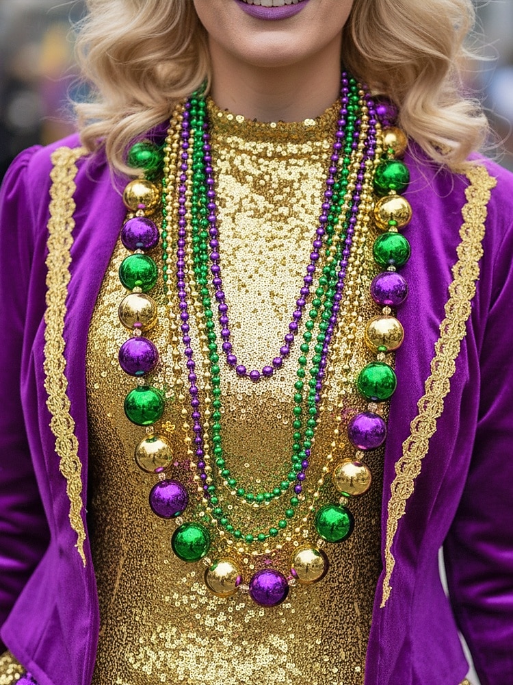 Dámská sada plastových náhrdelníků s korálky na Mardi Gras - barevné zelené fialové a zlaté perfektní pro karnevalové a maškarní párty 2026 - $14.99 –P2