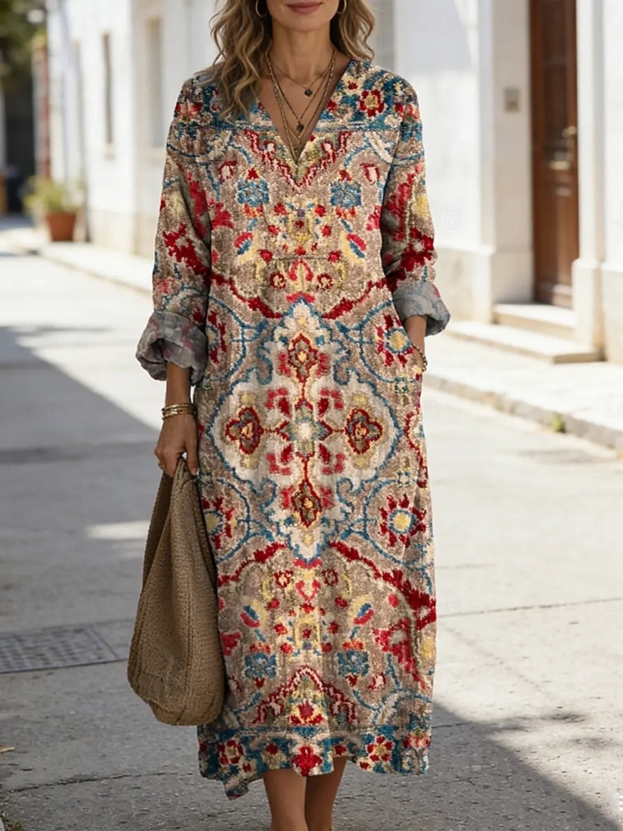 Femmes Robe Midi Robe fourreau Occasionnel Quotidien Sortir Coupe Ample Fleuri Graphique Tropical manche longue Col en V Bleu Rose Claire Rouge Été Printemps de 2026 ? $41.99 –P3