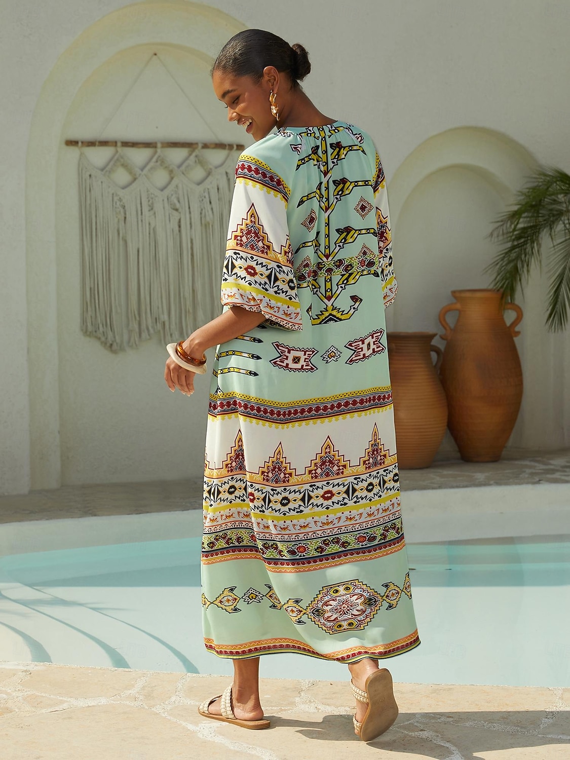 ethnic chiffon dress Womens Floral Print Chiffon Maxi Dress Round Neck Half Sleeve Loose Fit Flowy Lightweight Chiffon Airy Drape Flattering Drape, Mint Green / S