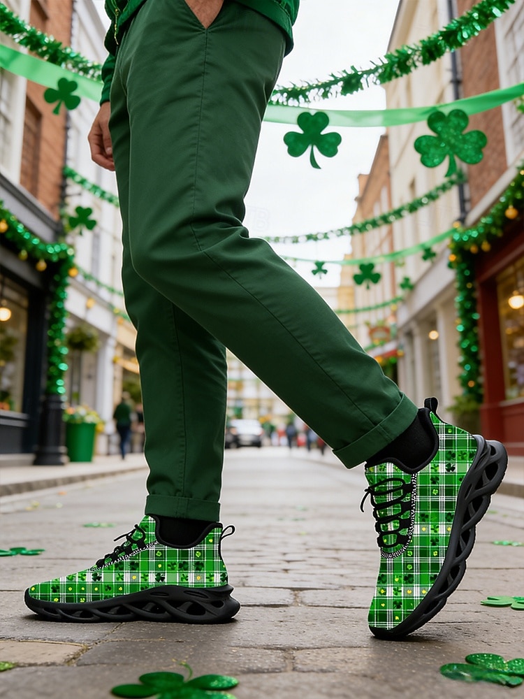 Tênis masculino para o Dia de São Patrício – estampa xadrez verde com trevos, ideal para desfiles e comemorações. de 2026 por $46.99 –P4