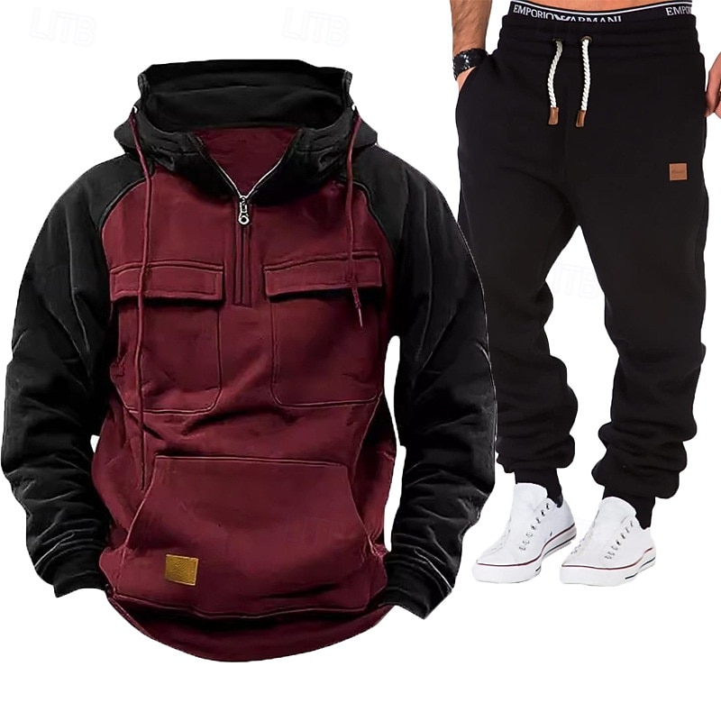 Homens Moletom Moletom com capuz e calças Conjunto Capuz Diário Ao ar livre Férias Roupa Diária Patchwork Bolsos Half Zip Bloco de cor Azul Vermelho Vinho Preto Roupas Esportivas Esportes Moda Outono de 2026 por $54.99 –P3