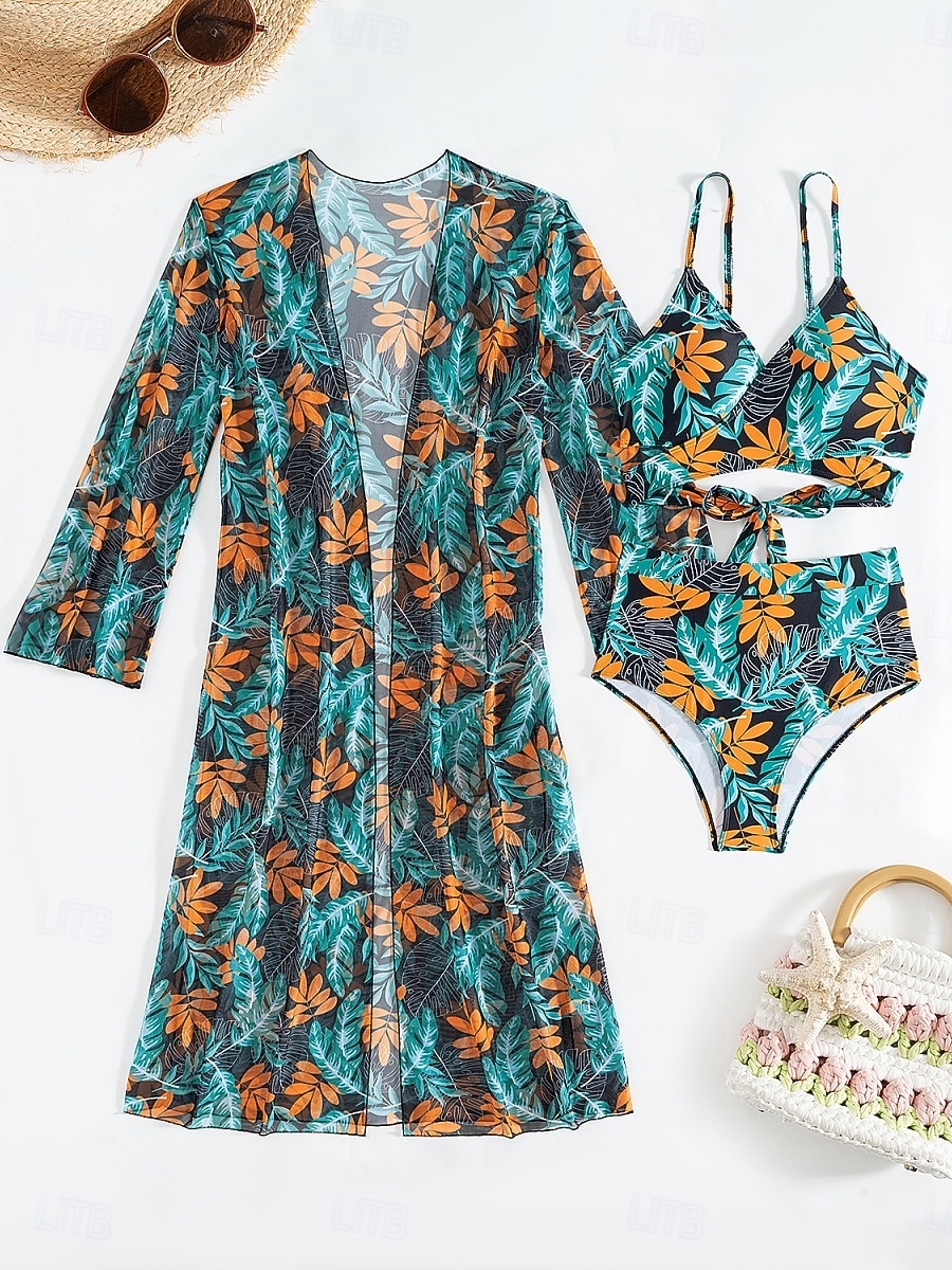 Costume da bagno tre pezzi bikini da donna palme controllo della pancia snella senza schienale abbigliamento da spiaggia floreale foglie scollatura a V senza maniche del 2026 a $31.99 –P5