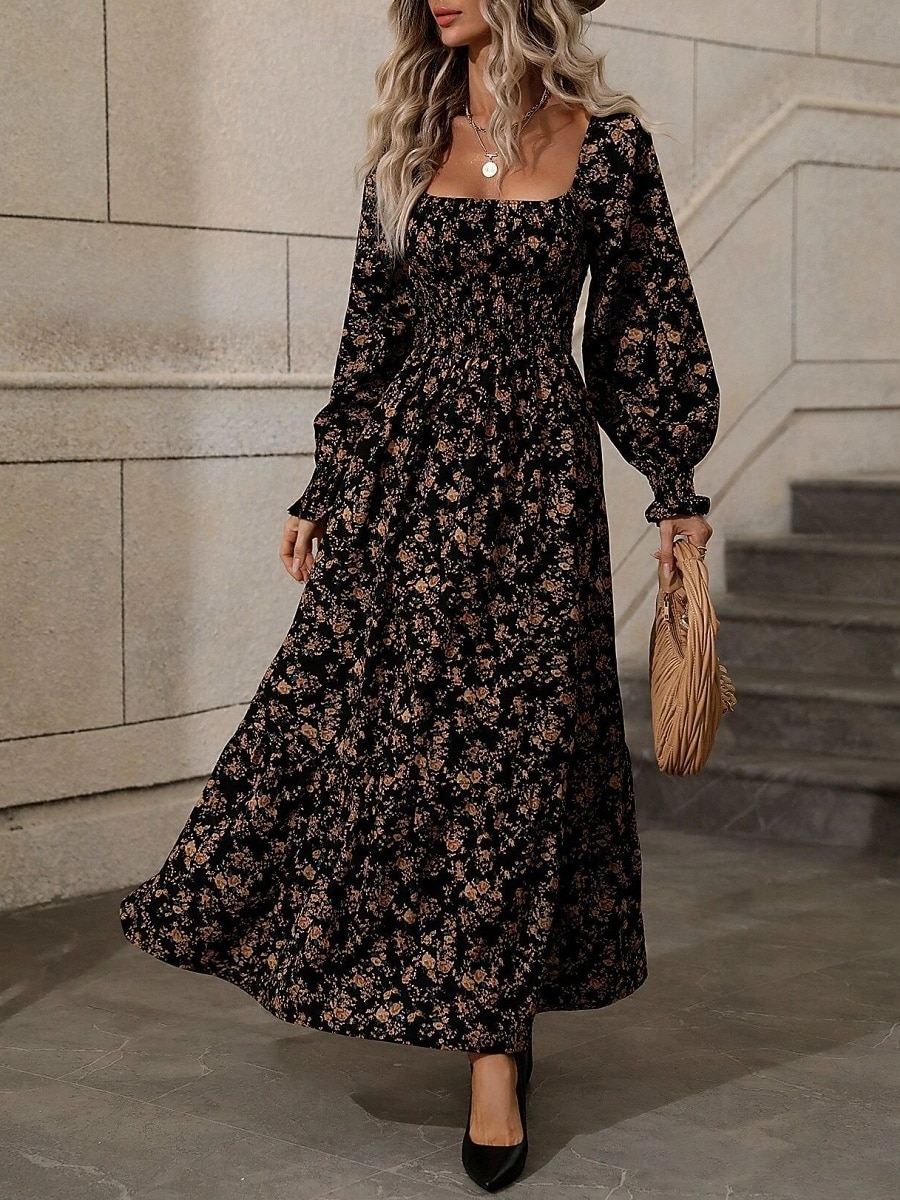Dames Maxi-jurk A lijn jurk Casual Dagelijks Normale pasvorm Bloemig Grafisch Lange mouw Vierkante hals Zwart Blozend Roze Lente Herfst 2026 - $34.99 –P10