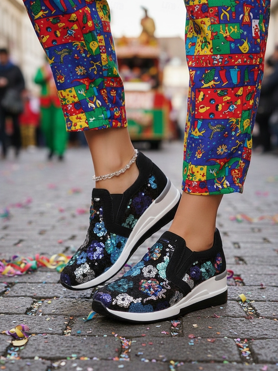 Женские черные с блестками кроссовки на платформе для Марди Гра - сверкающая праздничная повседневная обувь для карнавальных парадов костюмированных вечеринок уличных празднований и веселых выходных 2026 - $46.99 –P6