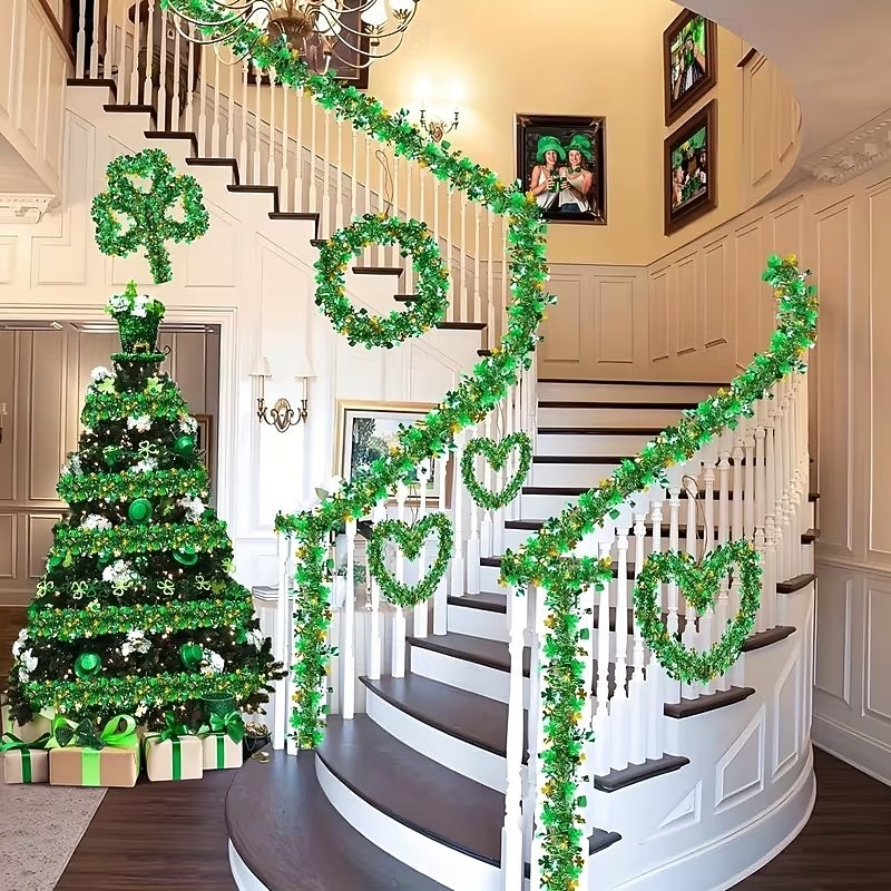 7,6 metrin pituinen hopealankaköynnös Pyhän Patrickin päivänä (4 kpl, yhteensä 8 m), apilanvihreä &kultafoliomuovisisustus, irlantilainen festivaalijuhla, kodinsisustus 2026 - $15.99 –P4