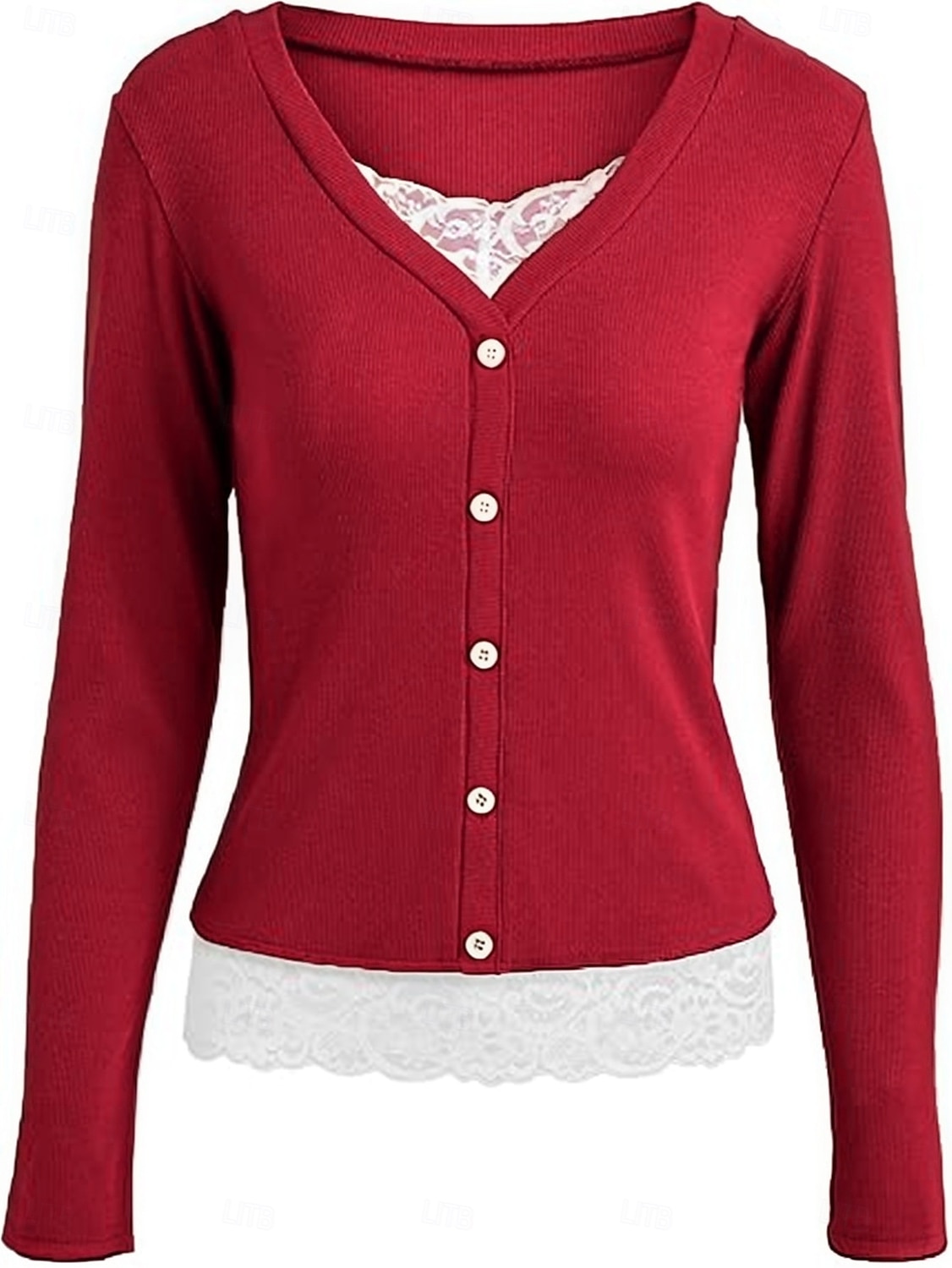 Mulheres Blusa Renda Patchwork Botões Côr Sólida Elegante à moda Casual Manga Longa Decote V Tops regulares Diário Preto Rosa Vermelho Marron Verde Primavera Outono Inverno de 2026 por $25.99 –P13