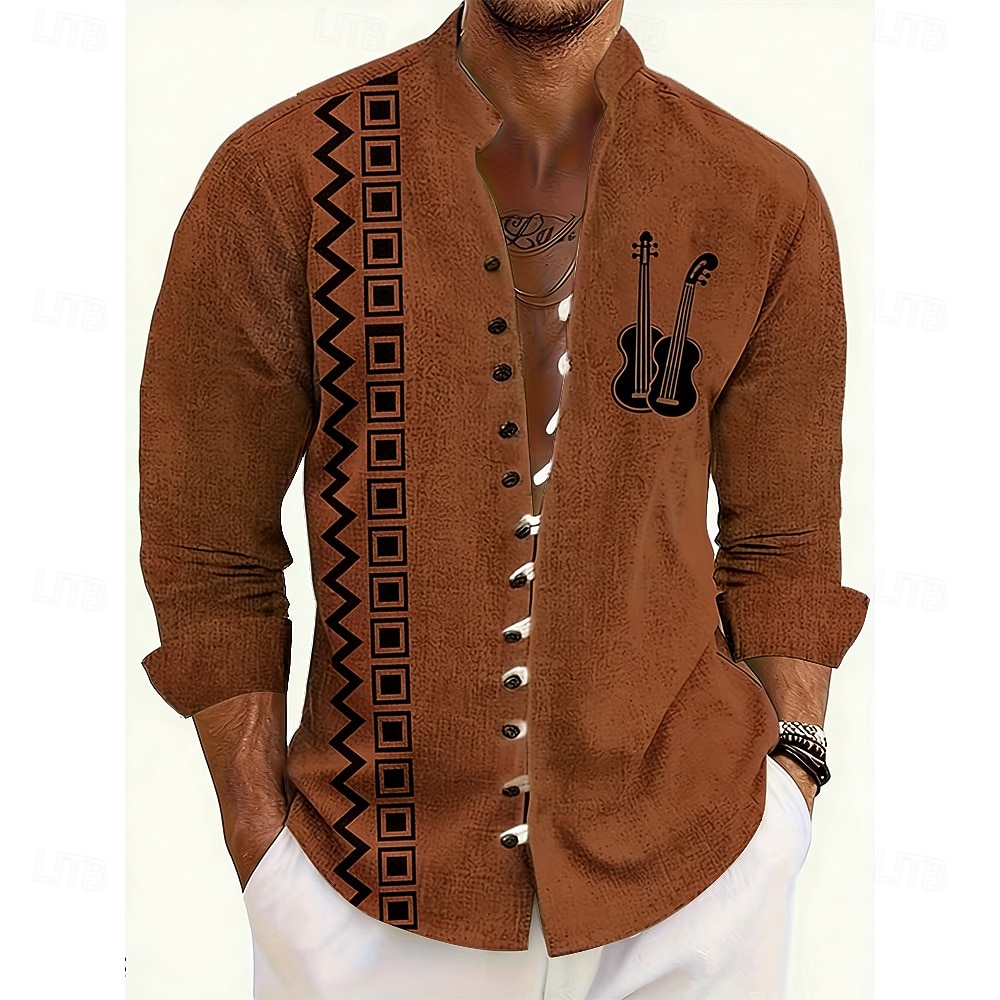 Men's Geometric Pattern Guitar Musical Instrument Shirt Stand Collar Shirt Long Sleeve Vintage Retro Casual Vacation Spring Fall Mandarin Collar Band Collar Button-Down Linen Like Shirt Blue Orange 2026 - $27.99 –P1