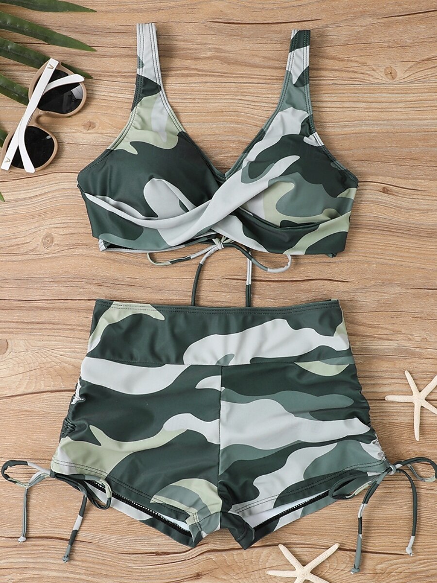 2026年 ウィメンズビキニ 2ピース水着 レオパード ショーツ スリム バックレス バケーション ビーチウェア カモ Vネック ノースリーブ 水着  コレクション – $19.99 –P8