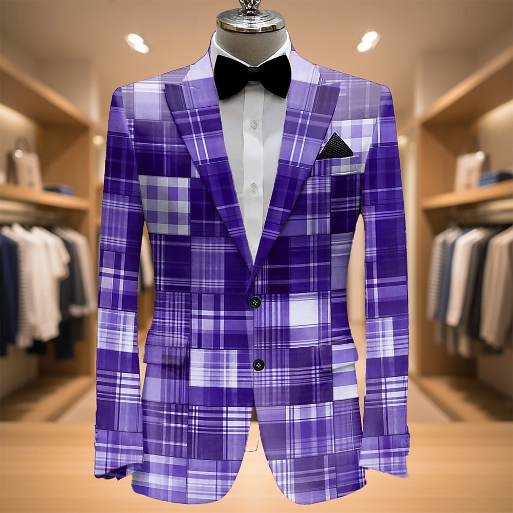 Men's Plaid Blazer Jacket Coat Fashion Comfortable Breathable Artistic Casual Daily Party Evening Wear Pocket 3D Print Buttons All Seasons Notch Long Sleeve Blue Purple Green 2026 - $85.99 –P3