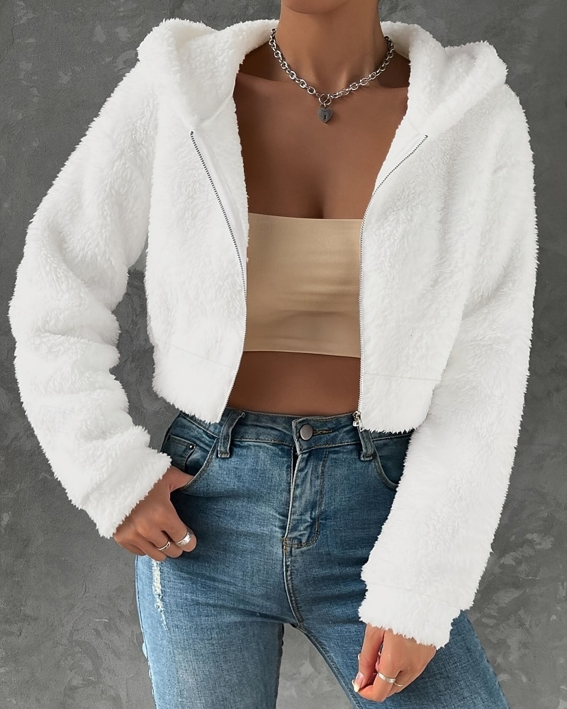 Pentru femei Palton de iarnă geacă Sherpa Palton Teddy Cald Zip complet Modă Casual Simplu Vacanță Stradă Purtare Zilnică Ieșire Fermoar Scurt Capișon Fit regulat Manșon Lung Îmbrăcăminte exterioară 2026 - $32.99 –P1