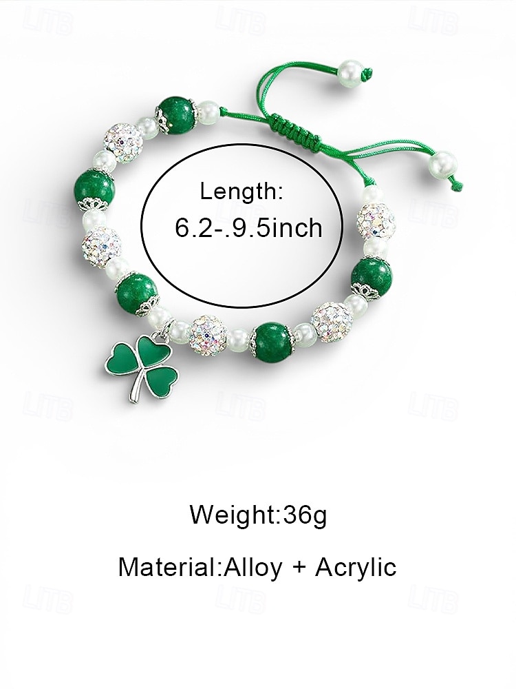 Damesarmband en oorbellen set van legering en acryl met klavertjes vier, groene en witte kralen, perfect voor St. Patrick's Day en dagelijks gebruik. 2026 - $11.99 –P8