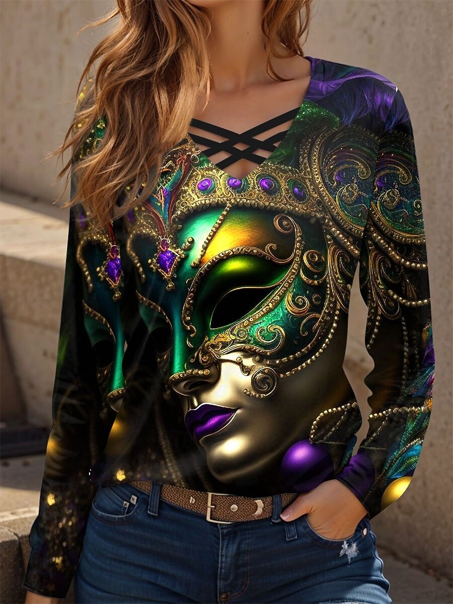 Karnawał Mardi gras Damskie Podkoszulek Z wycięciem Nadruk Graficzny Abstrakcja Zabytkowe Elegancki Klasyczny Długi rękaw W serek Zwykłe topy Codzienny Czarny Zielony Wiosna Jesień 2026 - $24.99 –P2