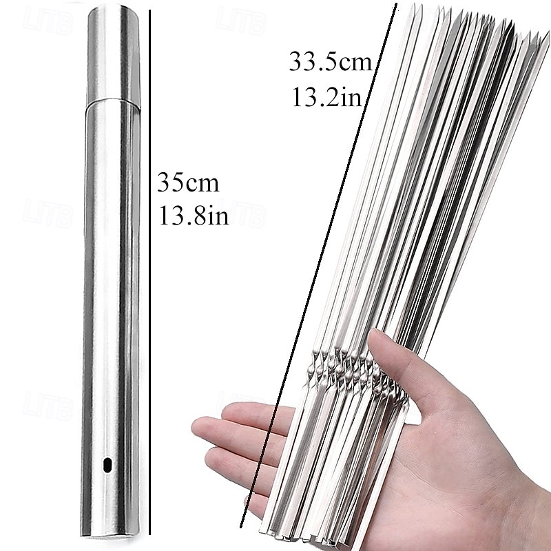 أسياخ شواء من الفولاذ المقاوم للصدأ 304 بطول 35 سم / 13.8 بوصة، أسياخ كباب مسطحة مع أنبوب تخزين معدني محمول عريض، أعواد شواء قابلة لإعادة الاستخدام للحوم والروبيان والدجاج والخضروات 2026 - $8.49 –P3
