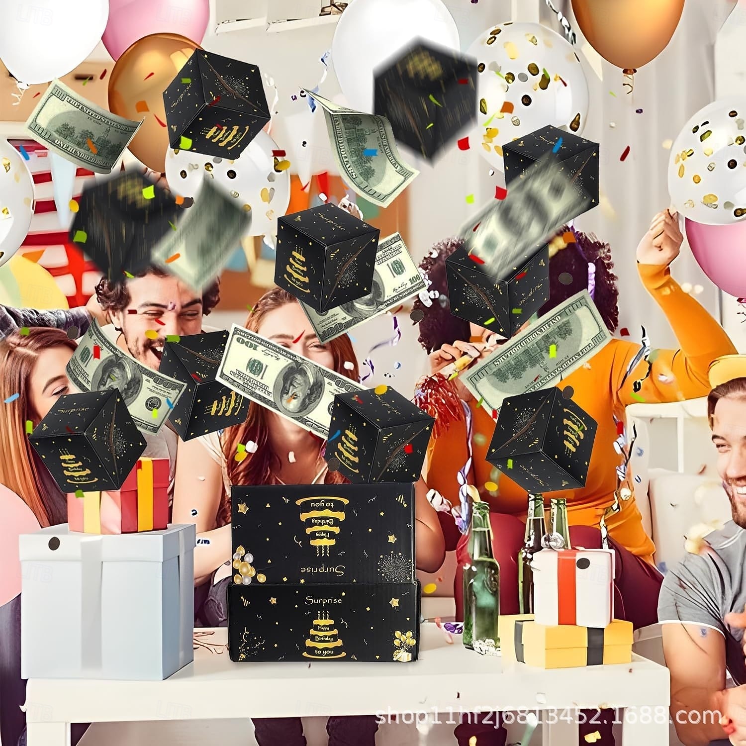 Overraskelseshoppeske bursdagsgaveeske med penger og konfetti - morsomt pop-up-design, svart med gulldetaljer, perfekt til bursdag eller spesielle anledninger, gaveeske til feiring 2026 - $13.99 –P7