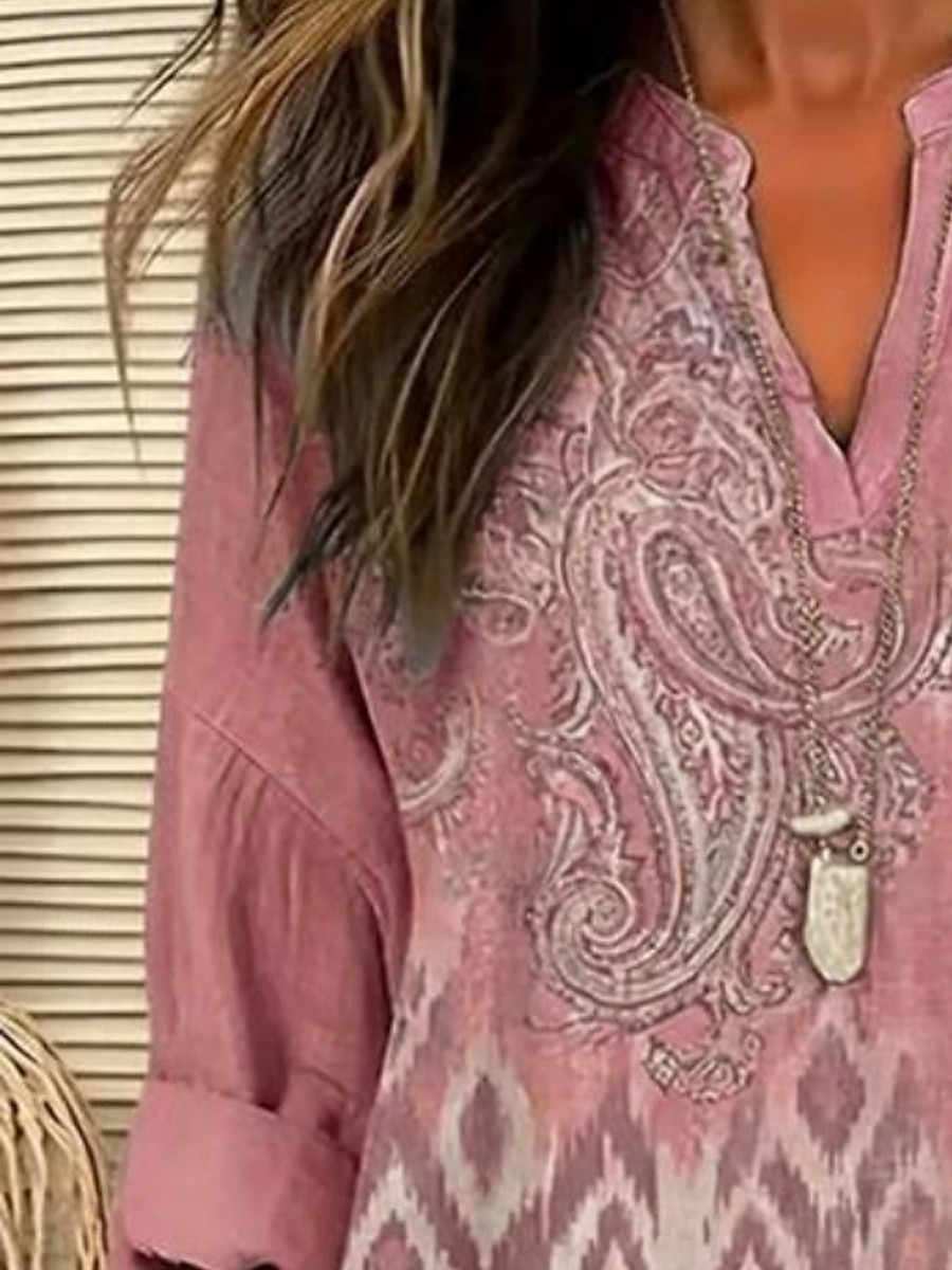 Per donna Camicia Tunica Stampato Grafico Geometrico Bohemien Vintage Quotidiano Manica Lunga Scollo a V Top Regolari Quotidiano Ferie Rosa Estate Primavera del 2026 a $34.99 –P2