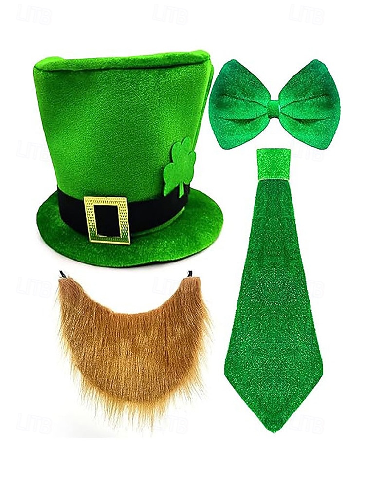 2026年 男性用聖パトリックの日のレプラコーンコスチュームアクセサリーセット、ポリエステル素材、バックル付きグリーンのトップハット、偽のひげ、蝶ネクタイとネクタイセット、パーティーや休日のお祝い  コレクション – $24.99 –P5