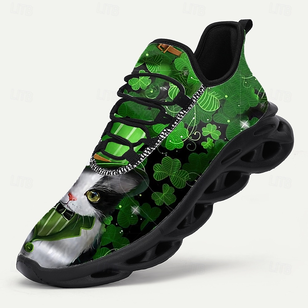 Herrsneakers med St. Patrick's Day-tema – grönt shamrock- och kattmönster, bekväma, perfekta för St. Patrick's Day-fester och roliga evenemang 2026 - $42.99 –P5