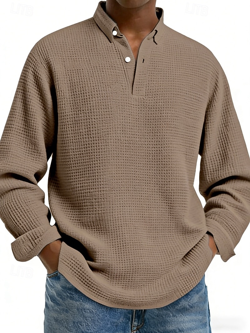 Hombre Camisetas polo con diseño de gofre Camisetas polo Casual Calle Diseño Manga Larga Básico Moderno Plano Botones Primavera Otoño Ajuste regular Negro Blanco Rojo Azul Marino Albaricoque 2026 - $29.99 –P4