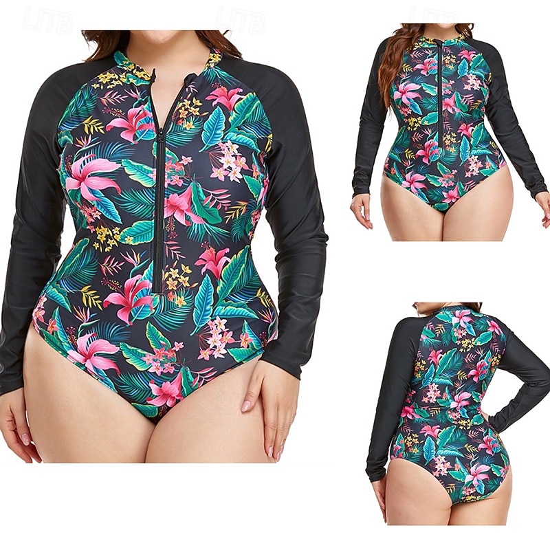 Pentru femei Costum de baie One Pieces Protecție anti-erupții cutanate mărime mare Floral Tropical Inchide fermuarul Protecție UV Elastic Manșon Lung Costume de Baie Surfing Plajă Vacanță Vară 2026 - $27.99 –P1