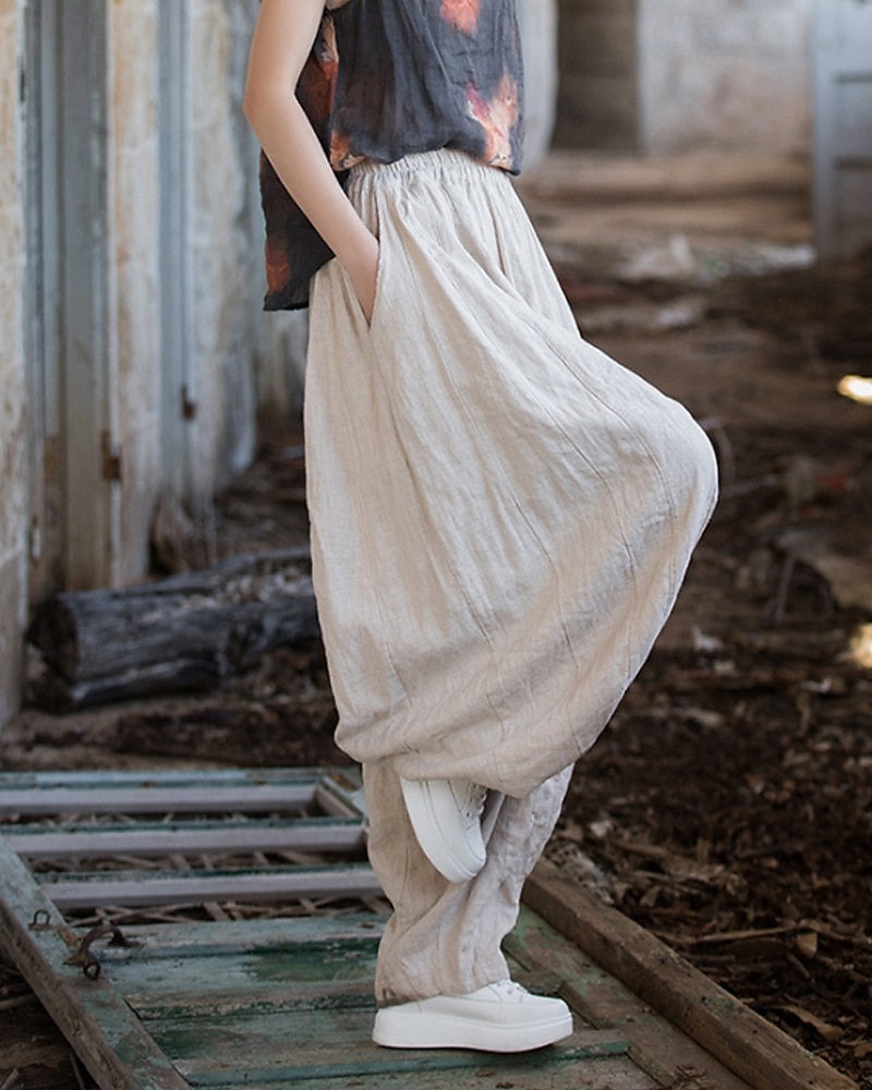 Women's Cotton Linen Pants Chinos Summer Shorts Bloomers Vacation Streetwear Basic Full Length Medium Waist Plain Pocket Elastic Waistband Comfy Comfort Inelastic Daily Outdoor Vacation rice white 2026 - $49.99 –P4