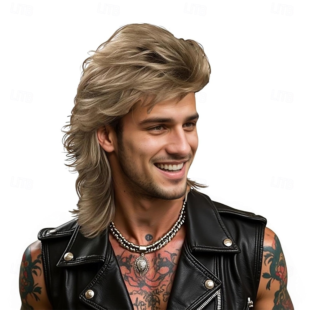 Мужской парик в стиле 80-х, рок-муллет, ретро-прическа коричневого цвета для косплея и вечеринок. &винтажная мода 2026 - $29.99 –P6