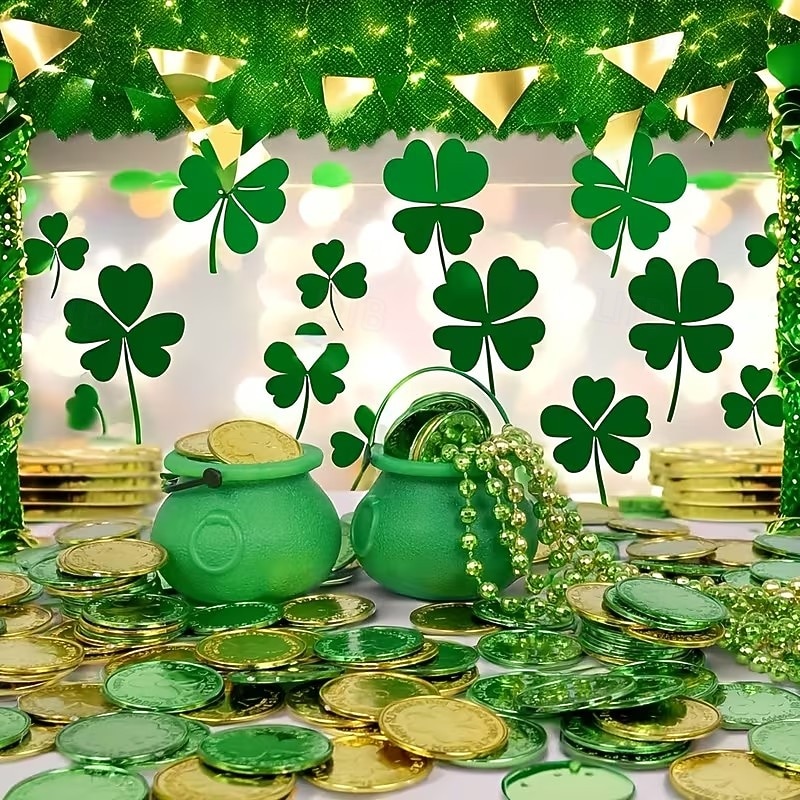 Złote monety na dzień św. Patryka - 100/200 sztuk złotych zielonych monet na szczęście, plastikowe monety koniczyna skrzat, moneta z 3-listną koniczyną do dekoracji i upominków na imprezę 2026 - $26.79 –P11