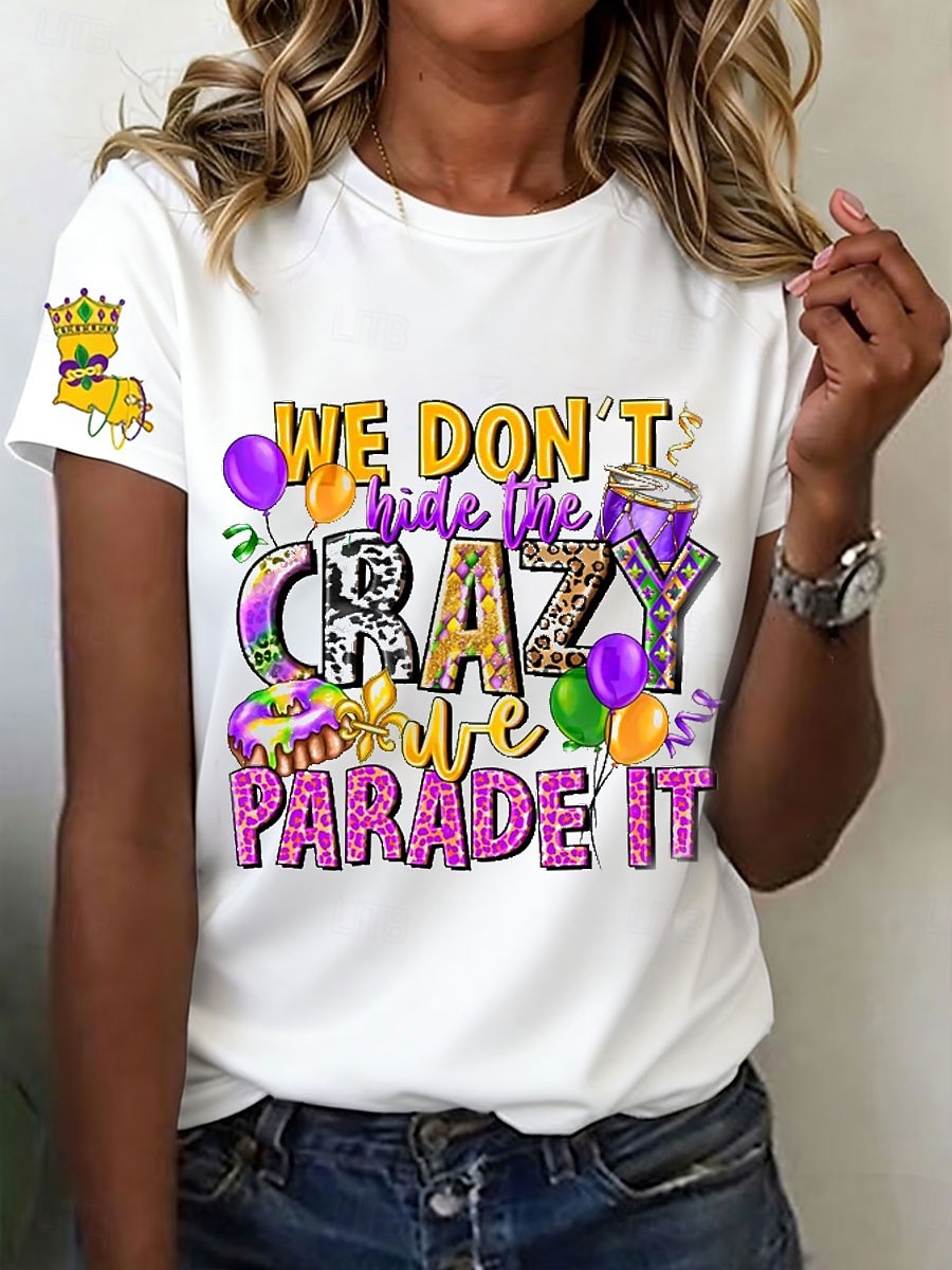 Mardi gras Női Póló Nyomtatott Grafika Szöveg Szüret Stílusos Klasszikus Rövid ujjú Terített nyak Normál felsők Napi Hétvége Fekete Fehér Bíbor Nyár Tavasz 2026 - $22.99 –P1