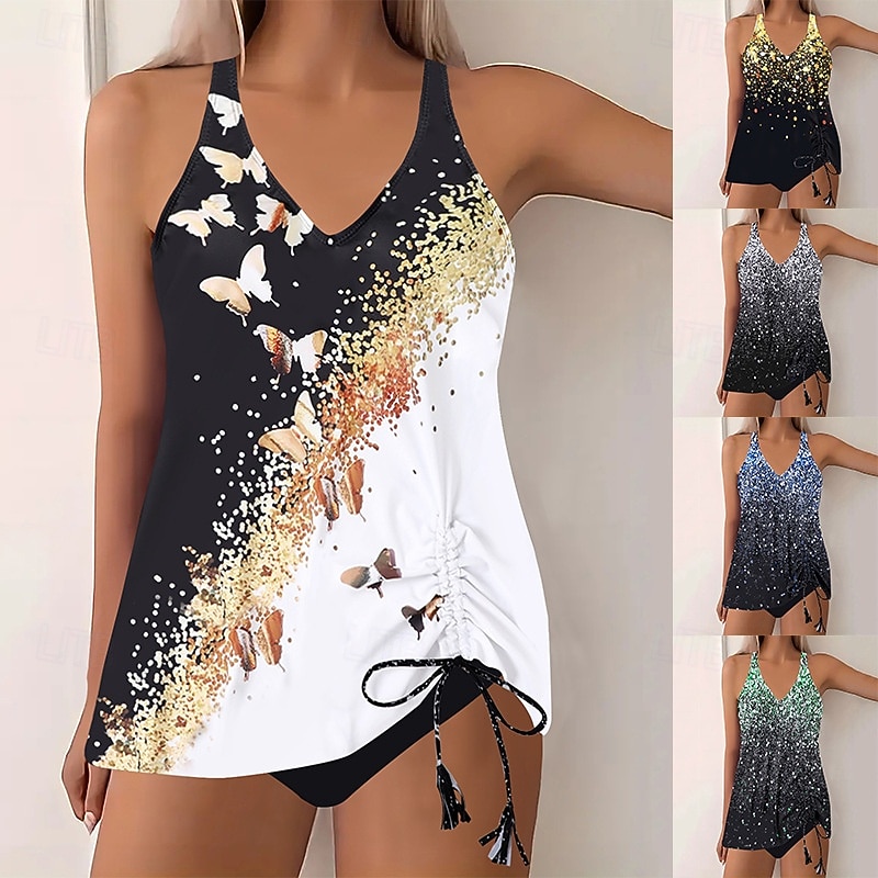 Costum de baie pentru femei tankini 2 piese cu slipuri cu control al burticii talie înaltă cu spatele gol pentru vacanțe la plajă cu gradient cu fluturi cu guler V fără mâneci 2026 - €18.99 –P1