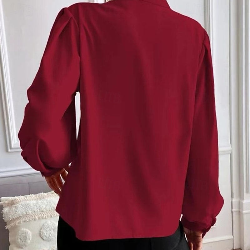 Жен. Рубашка Elegant Атласный верх Блуза Рюши Пэчворк Пуговицы Сплошной цвет Полотняное плетение Элегантный стиль Винтаж Повседневные Длинный рукав Рубашечный воротник Обычные топы 2026 - $26.99 –P6