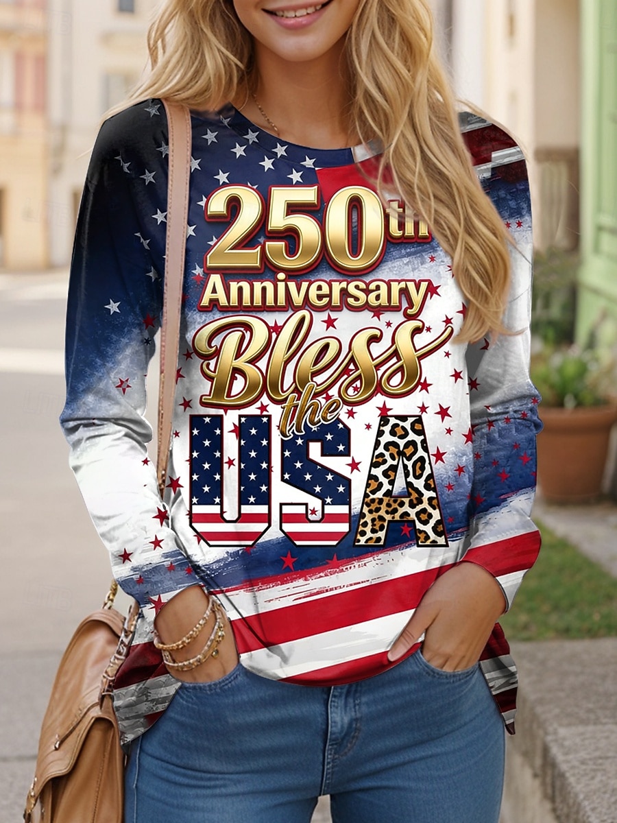 Ziua Independenței Aniversarea Americană Pulover pentru Femei T-Shirt Grafic Steag Stil Casual Mâncă Lungă Guler Rotund Topuri Regulate de Zi cu Zi Imprimare Albastru Negru Primăvară Toamnă 2026 - $24.99 –P1
