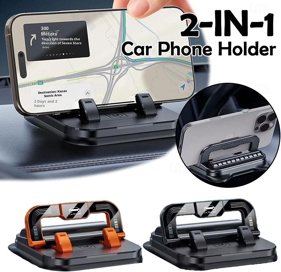 2-i-1 360° roterbar biltelefonholder med parkeringsnummerplate - sammenleggbar, justerbar sklisikker base, dashbord-/nakkestøttefeste, kompatibel med de fleste kjøretøy, biltelefonholder, biltilbehør 2026 - $11.49 –P1