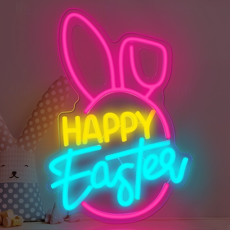 Неоновые вывески в виде пасхальных яиц и кроликов, светящиеся, с регулировкой яркости, питанием от USB, разноцветные неоновые светильники для дома, гостиной, спальни, вечеринки, украшения стен, 2026 - $27.99 –P1