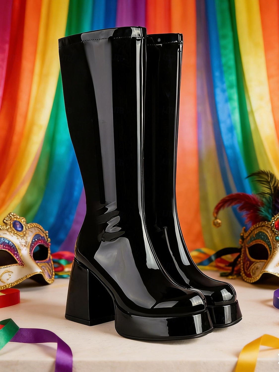 Women's Mardi Gras 1980s Retro Purple Platform Knee-High Boots with Block Heels – Shiny Patent Faux Leather, Perfect for Carnival Parades and Festive Celebrations 2026 - $84.99 –P9
