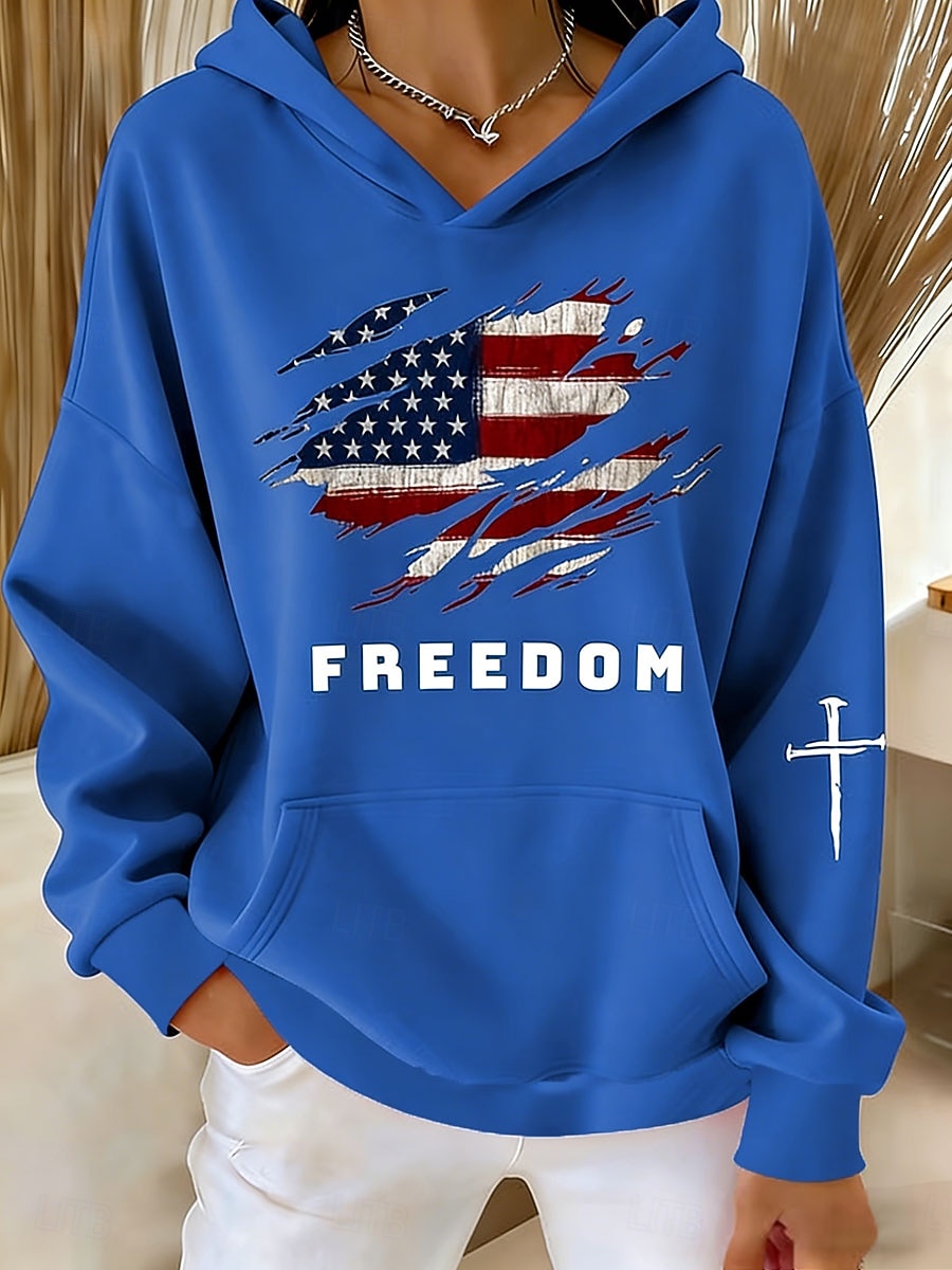 Onafhankelijkheidsdag Patriottische Dames Pullover Hoodie Sweatshirt Grafische Letter Vintage Casual Lange Mouwen Capuchon Reguliere Tops Casual Blauw Zwart Wit Rood Lente Herfst 2026 - $32.99 –P2