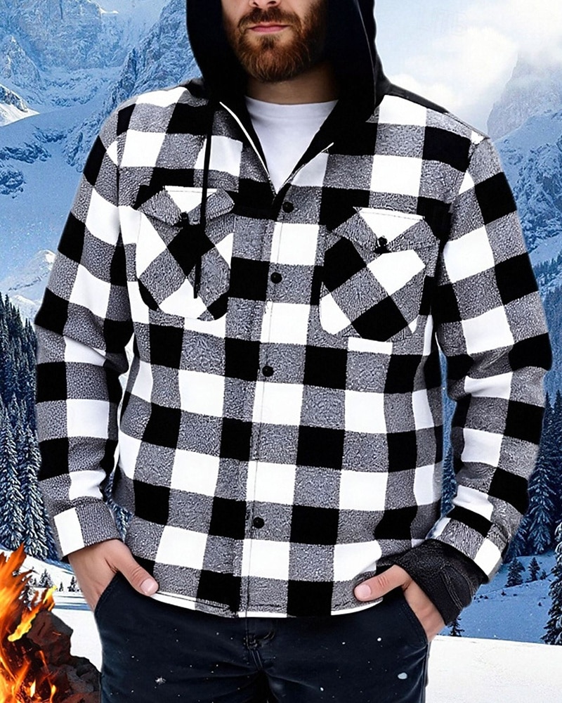 Herren Wintermantel Hemdjacke Fleecejacke Freizeitjacke Lässig Täglich Thermowarm Tasche Herbst Winter Karomuster Streetwear Täglich Mit Kapuze Regulär Blau Schwarz Weiß Rote Dunkelgrün Jacken 2026 - $31.99 –P4