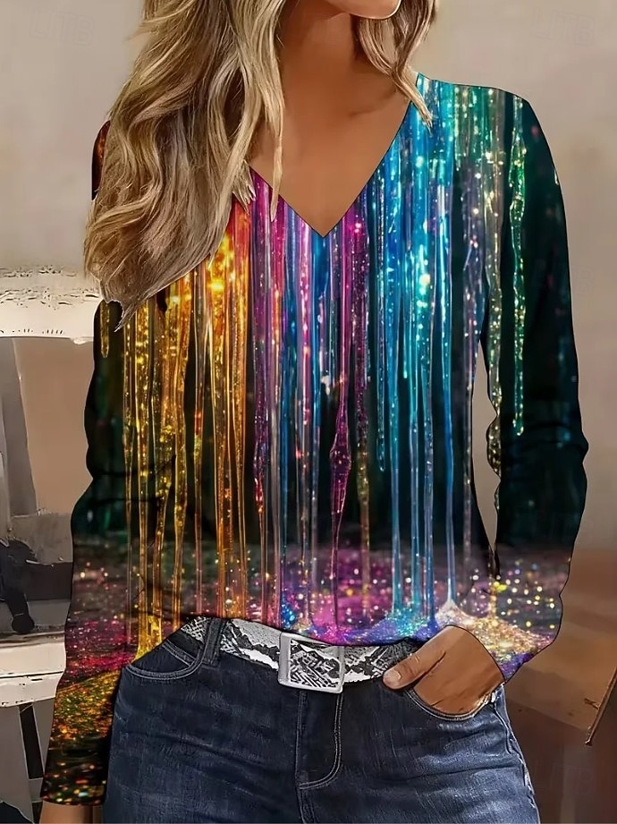 Mujer Camiseta Estampado Floral Graphic Plantas Vintage Moda Elegante Manga Larga Escote en Pico Tops regulares Diario Negro Morado Dorado Primavera Otoño Invierno 2026 - $24.99 –P3