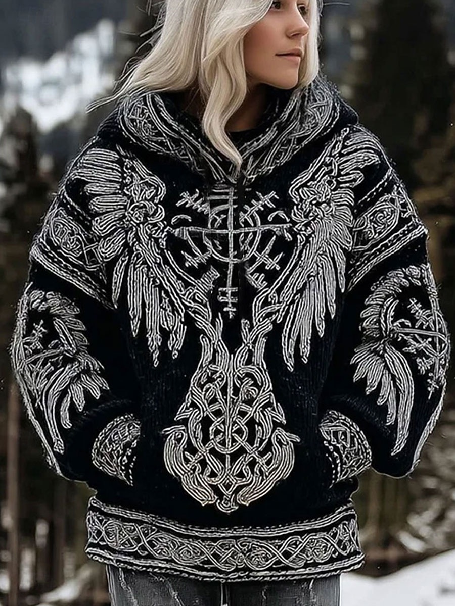 Damen Kapuzenpullover Patchwork Druck Fronttasche Grafik Geometrisch Stammes Vintage Lässig Boho Langarm Mit Kapuze Normale Oberteile Lässig Straße Alltagskleidung Schwarz Frühling Herbst Winter 2026 - $32.99 –P3